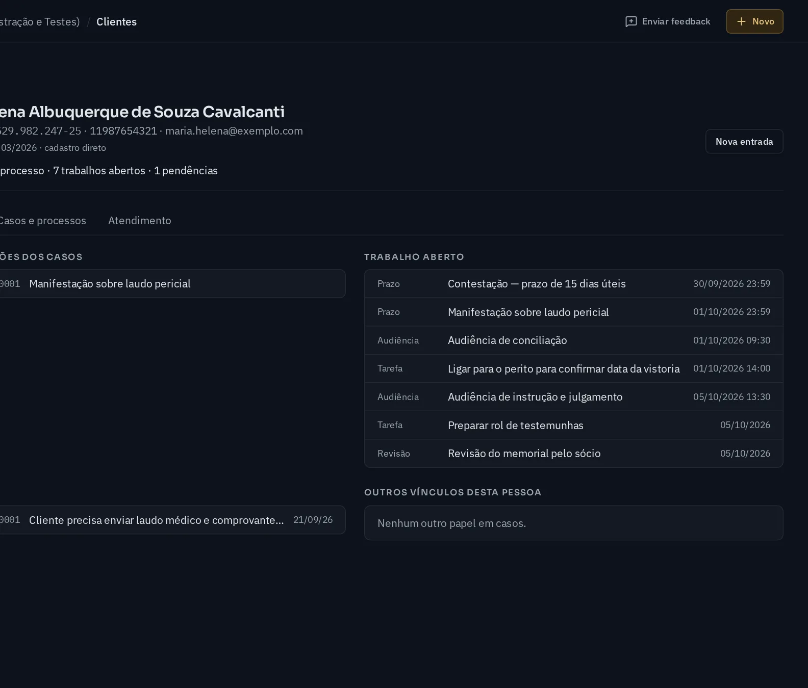 Cliente 360° do ADV-e com casos, atendimento e trabalho da cliente